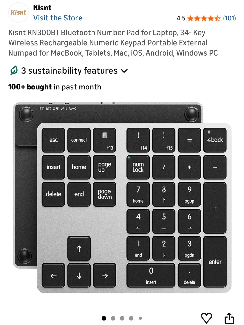 Bluetooth Numeric Keypad in Silver and Black